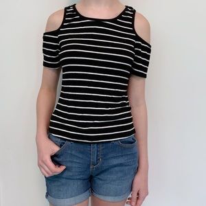 Black and White Stripped Cold Shoulder Top